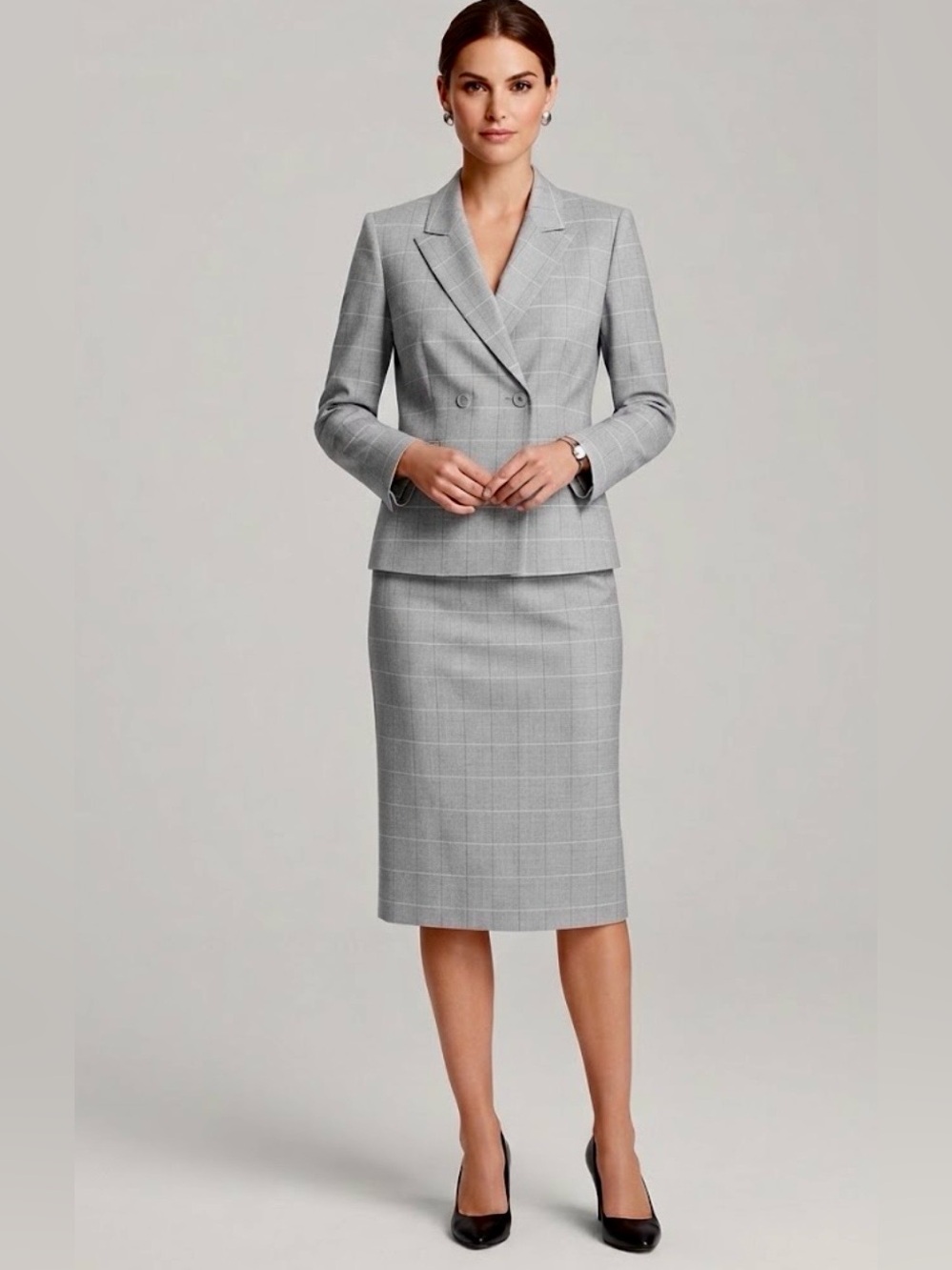 Vintage Paul Stanley grey windowpane plaid skirt suit viscose linen silk 8/10